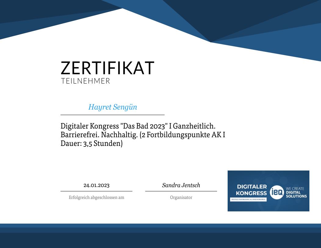 Zertifikat von BADTECH Nürnberg Sanitärtechnik